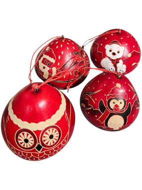 Handmade Gourd Christmas Ornaments Set of 4 Santa Penguin Owl Holiday Decor